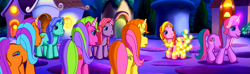 Size: 1603x473 | Tagged: safe, screencap, brights brightly, cheerilee (g3), lily lightly, rarity (g3), come back lily lightly, g3, g3 panorama, glow, glowing horn, night, night shine, panorama, shine-a-belle