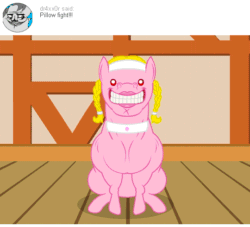 Size: 540x490 | Tagged: safe, artist:aha-mccoy, oc, oc only, oc:helga starkehuf, earth pony, pony, nopony-ask-mclovin, animated, anonymous, ask, female, mare, muscles, pillow, smiling, solo, tumblr