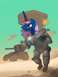 Size: 768x1024 | Tagged: source needed, useless source url, safe, artist:사렌지, oc, oc only, oc:porny, alicorn, pony, alicorn oc, blue skin, call of duty, clothes, desert, gun, military, plane, purple hair, red eyes, sand, tank (vehicle), vest