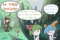 Size: 1500x1000 | Tagged: safe, artist:slitherpon, button mash, earth pony, pony, colt, crossover, dialogue, forest, male, pokémon, pokémon advanced, pokémon omega ruby and alpha sapphire, pokémon ruby and sapphire, ralts, shiny pokémon, signature, single panel