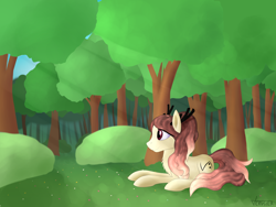 Size: 2400x1800 | Tagged: safe, artist:crusierpl, oc, oc only, antlers, clearing, crepuscular rays, forest, solo