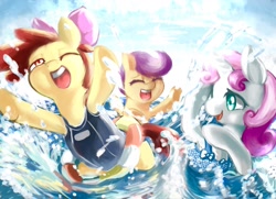 Size: 2125x1535 | Tagged: safe, artist:magiace, apple bloom, scootaloo, sweetie belle, bathing, clothes, cutie mark crusaders, floaty, inner tube, ocean, one-piece swimsuit, pixiv, school swimsuit, swimming, swimsuit