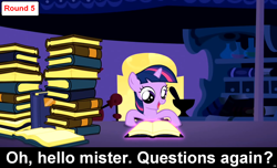 Size: 1600x973 | Tagged: safe, twilight sparkle, pony, unicorn, comic:celestia's servant interview, book, caption, cs captions, filly, filly twilight sparkle, foal, interview, night, solo