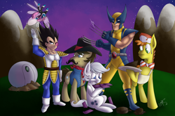 Size: 1024x683 | Tagged: safe, artist:jorobro, carrot cake, double diamond, seabreeze, sheriff silverstar, breezie, brian drummond, crossover, dragon ball z, vegeta, voice actor joke, wolverine, x-men