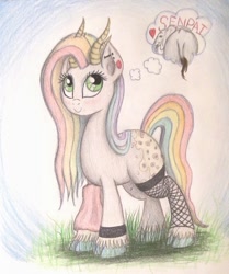 Size: 817x979 | Tagged: safe, artist:thefriendlyelephant, oc, oc only, oc:ana, oc:obi, deer pony, elephant, original species, blushing, cloven hooves, earring, fishnet stockings, heart, horns, piercing, rainbow hair, rainbow tail, senpai, solo, thought bubble, traditional art, wristband