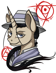 Size: 1078x1412 | Tagged: safe, artist:gluxar, pony, unicorn, evil, fullmetal alchemist, hat, looking at you, male, narrowed eyes, ponified, smiling, smirk, solf j. kimblee, solo, stallion