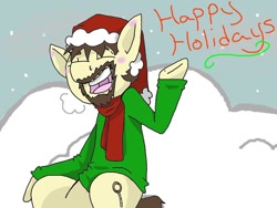 Size: 600x450 | Tagged: safe, artist:kimmico1234, oc, oc only, oc:zacharias, earth pony, pony, beard, christmas, clothes, happy holidays, hat, luffyiscool, santa hat, scarf, snow, winter, winter outfit, youtuber