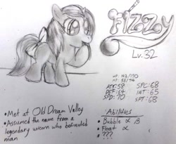 Size: 2265x1853 | Tagged: safe, artist:thegreatmewtwo, fizzy, g1, g1 to g4, generation leap, monochrome, reference sheet, rpg, sketch, solo, traditional art
