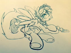 Size: 1280x956 | Tagged: safe, artist:mysteriouskaos, oc, oc only, oc:blue blaze, pegasus, pony, clothes, goggles, monochrome, scarf, solo, traditional art, underhoof