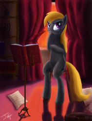 Size: 755x1000 | Tagged: safe, artist:jeki, chirpy hooves, painting, quill, request, sitting, solo, sunset, thinking