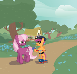 Size: 5768x5590 | Tagged: safe, artist:liracrown, cheerilee, scootaloo, absurd resolution, house, mouth hold, path, pencil, police officer, scooter, serious face, sunglasses, tree