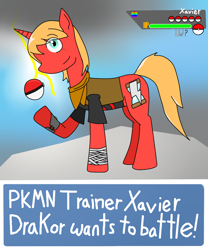 Size: 1000x1200 | Tagged: safe, artist:xavierbronyxiii, oc, oc only, oc:xavier drakor, pony, unicorn, pokéball, pokémon, pokémon trainer, solo