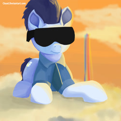 Size: 2000x2000 | Tagged: safe, artist:cluud, soarin', badass, cloud, cloudsdale, cloudy, old cutie mark, rainbow, solo, sunglasses, sunset, wonderbolts, wonderbolts dress uniform, wonderbolts uniform