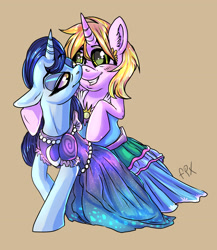 Size: 3568x4104 | Tagged: safe, artist:trojan-pony, moonlight raven, sunshine smiles, pony, unicorn, canterlot boutique, bipedal, clothes, dress, female, mare, over the moon, sisters, tripping the light