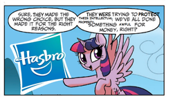 Size: 714x418 | Tagged: safe, edit, idw, twilight sparkle, twilight sparkle (alicorn), alicorn, pony, spoiler:comic, spoiler:comic23, dialogue, drama bait, female, hasbro, hasbro logo, logo, lucifer hasbro, mare, op is a cuck, op is trying to start shit, speech bubble, twilight justifies evil meme