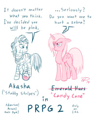 Size: 794x1006 | Tagged: safe, artist:wdeleon, oc, oc only, oc:akasha, oc:emerald hues, pony, unicorn, zebra, dye, prpg2, rhyming, rpg