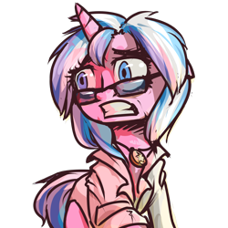 Size: 1280x1280 | Tagged: safe, artist:inlucidreverie, oc, oc only, oc:noble blue, pony, unicorn, fallout equestria, clothes, glasses, lab coat, scared, simple background, solo, terror, transparent background