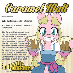 Size: 1000x1000 | Tagged: safe, artist:jezebeltart, oc, oc only, oc:caramel malt, semi-anthro, cider, clothes, convention, ponyville ciderfest