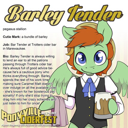 Size: 1000x1000 | Tagged: artist needed, safe, oc, oc only, oc:barley tender, semi-anthro, cider, clothes, convention, ponyville ciderfest