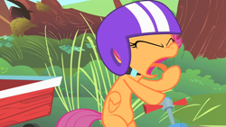 Size: 852x480 | Tagged: safe, screencap, scootaloo, the cutie mark chronicles, helmet, scooter, solo, tongue out, yawn