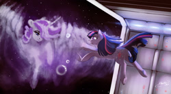 Size: 1898x1042 | Tagged: safe, artist:mechagen, twilight sparkle, twilight sparkle (alicorn), twilight velvet, alicorn, pony, crying, echoes of the past, feels, female, mare, missing horn, nebula, space, underhoof