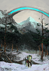 Size: 2500x3617 | Tagged: safe, artist:quiet-victories, coco pommel, clothes, crossbow, forest, jacket, newbie artist training grounds, saddle bag, scenery, snow, snowfall, solo, winter