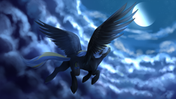 Size: 1280x721 | Tagged: safe, artist:oblivionheart13, oc, oc only, cloud, cloudy, epic, flying, moon, night, solo, spread wings