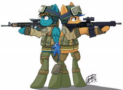 Size: 2050x1500 | Tagged: safe, artist:yunguy1, oc, oc only, oc:cloud runner, oc:sabre dance, /k/, ar15, clothes, goggles, gun, helmet, m16, military ponies, rifle, vest