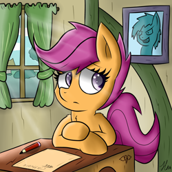 Size: 3000x3000 | Tagged: safe, artist:hanzel2, scootaloo, pegasus, pony, desk, female, filly, looking back, pencil, school, school desk, solo