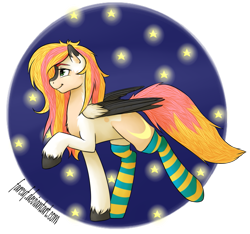 Size: 925x864 | Tagged: safe, artist:farcuf, oc, oc only, oc:niki, pegasus, pony, banana, clothes, socks, solo, stars, striped socks