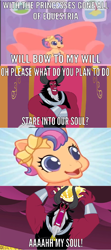 Size: 768x1728 | Tagged: safe, lord tirek, scootaloo (g3), g3, newborn cuties, twilight's kingdom, cute, everyone steals tirek's meme, exploitable meme, g3 cutealoo, hnnng, looking at you, meme, staring into your soul, tirek is doomed, tirek vs everyone meme