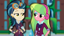 Size: 1000x563 | Tagged: safe, artist:kawaiinikki, indigo zap, lemon zest, equestria girls, friendship games, looking at each other