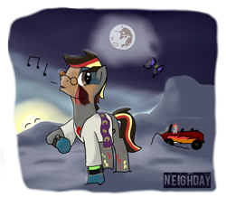 Size: 3557x3254 | Tagged: safe, artist:neighday, twist, oc, oc only, oc:flatcap, car, mare in the moon, moon, rainbow power, rainbow power-ified, snow, sun, watch, whistling, wristwatch