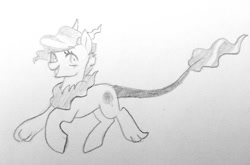 Size: 1024x677 | Tagged: safe, artist:kianamai, oc, oc only, oc:cotton candy, draconequus, kilalaverse, monochrome, next generation, offspring, parent:pinkie pie, parent:pokey pierce, parents:pokeypie, pencil drawing, species swap, traditional art