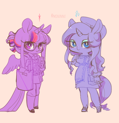 Size: 950x980 | Tagged: safe, artist:mirululu, derpibooru import, rarity, twilight sparkle, twilight sparkle (alicorn), alicorn, anthro, alternate hairstyle, clothes, dress, glasses