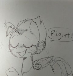 Size: 960x998 | Tagged: artist needed, safe, oc, oc only, bird pone, blue jay, blushing, dialogue, eyes closed, monochrome, smiling, solo, traditional art