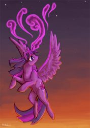 Size: 518x730 | Tagged: safe, artist:mongrelistic, twilight sparkle, twilight sparkle (alicorn), alicorn, pony, female, flying, magic, mare, sky, smiling, solo, spread wings