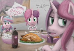 Size: 1280x880 | Tagged: safe, artist:unsavorydom, oc, oc only, oc:gloomy, oc:junior, oc:marker pony, 4chan, bebsi, cooked, dead, eating, food, mlpg, ponies eating meat, thanksgiving, turkey, tzatziki