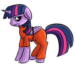 Size: 617x527 | Tagged: safe, artist:floopsythebunneh, twilight sparkle, twilight sparkle (alicorn), alicorn, pony, bound wings, clothes, female, mare, prison outfit, prisoner ts, solo