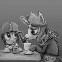 Size: 1000x1000 | Tagged: safe, artist:unsavorydom, oc, oc only, oc:gloomy, oc:marker pony, 4chan, bebsi, clothes, coat, monochrome, phone