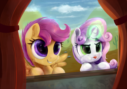 Size: 1422x1000 | Tagged: safe, artist:scootiebloom, scootaloo, sweetie belle, appleoosa's most wanted, concentrating, magic, scene interpretation, sweetie belle's magic brings a great big smile, tongue out