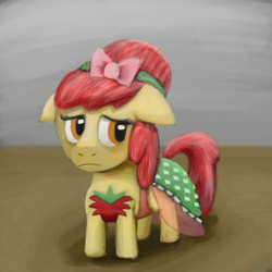 Size: 1000x1000 | Tagged: safe, artist:unsavorydom, apple bloom, applejewel, clothes, dress, floppy ears, frown, jewel bloom, solo