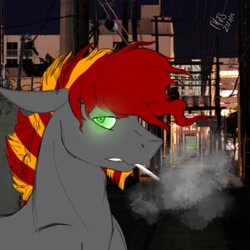 Size: 1024x1024 | Tagged: safe, artist:artistthehybird, oc, oc only, oc:red ace, earth pony, pony, cigarette, city, male, night, smoking, solo, stallion