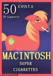 Size: 236x336 | Tagged: dead source, safe, artist:modocrisma, big macintosh, earth pony, pony, cigarette, deviantart, floppy ears, freckles, grin, looking at you, male, old art, parody, raised eyebrow, smiling, smoke, smoking, solo, stallion, watermark