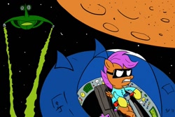 Size: 1024x683 | Tagged: safe, artist:halflingpony, scootaloo, calvin and hobbes, space, spaceman spiff, spaceship