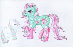 Size: 900x579 | Tagged: safe, artist:normaleeinsane, minty, g3, clothes, scarf, snow, snowpony, winter minty