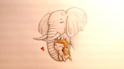 Size: 1191x670 | Tagged: safe, artist:thefriendlyelephant, oc, oc only, oc:ana, oc:obi, deer pony, elephant, original species, big ears, birthday gift, duo, eyeshadow, heart, horns, hug, smiling, traditional art, trunk hug, tusk