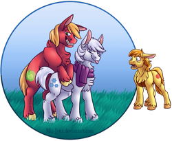 Size: 879x721 | Tagged: safe, artist:miz-jynx, big macintosh, braeburn, double diamond, earth pony, pony, clothes, gay, husbando thief, male, scarf, shipping, stallion