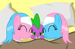 Size: 2008x1299 | Tagged: safe, artist:kyute-kitsune, artist:sapphire-beauty0, aloe, lotus blossom, spike, dragon, bed, cuddling, eyes closed, female, hundreds of users filter this tag, love, male, shipping, sleeping, snuggling, spa twins, spike gets all the mares, spikelove, sploe, splotus, straight, vector edit