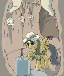 Size: 1765x2100 | Tagged: safe, artist:spyroconspirator, daring do, pegasus, pony, archaeologist, behind you, cave, claws, clothes, daring dorable, excalibur, explorer, feninism, gold coat, gold wings, magenta eyes, pith helmet, shirt, skull, solo, sword, sword in the stone, weapon